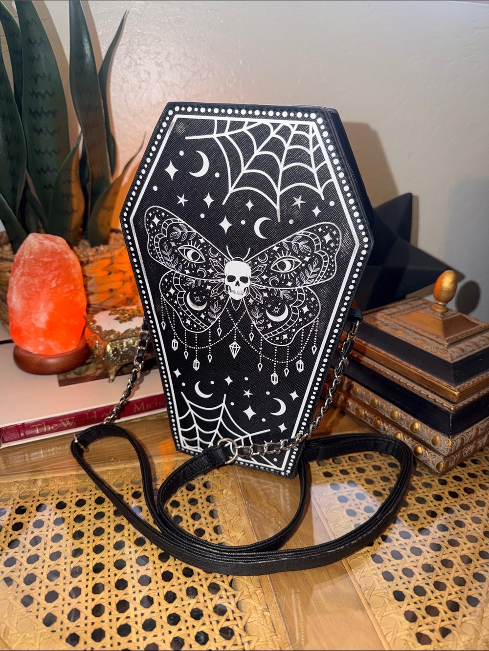 Coffin Crossbody Bag with Gothic Moth & Skull Print - Black & White